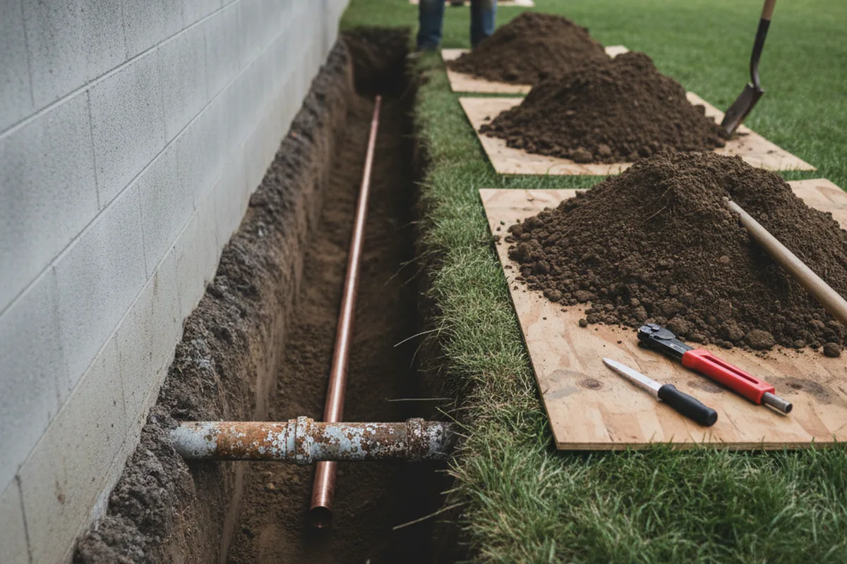 Excavated water line trench during Water Softener Installation in Pontiac